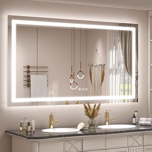 Miniatura 1 de Espejo LED grande de 66 x 40 pulgadas para baño, espejo de tocador iluminado para pared, regulable, antivaho, a prueba de roturas, certificado ETL