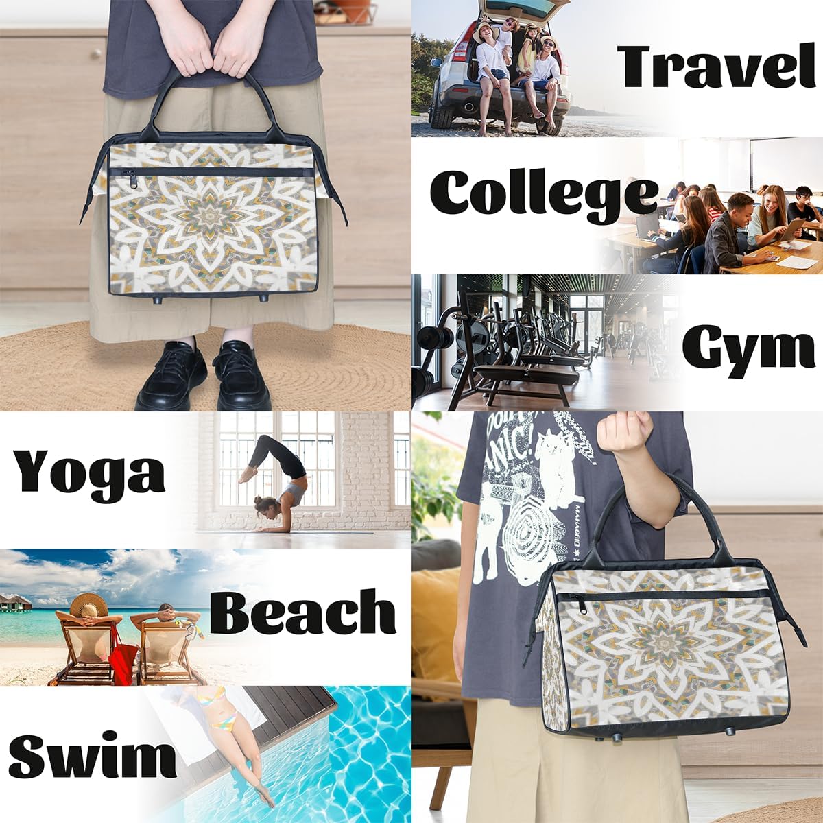 Travel Gym Bag - Gold Mandala Art Large Capacity Tote for Men Women - Shoulder Weekender Bag for Travel Yoga School - Mommy Hospital for Labor Delivery