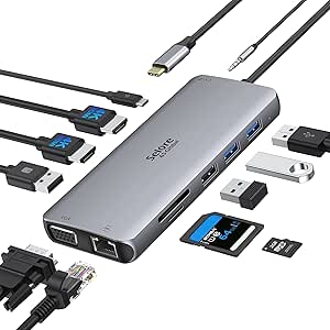 Hub USB C HDMI, Adaptateur Multiport 12-en-1 vers Dual HDMI et VGA, Ethernet RJ45, PD 100W, Port Audio, Carte SD/TF, 4 Ports USB, Docking Station Double HDMI pour MacBook Dell XPS Tablette Type C