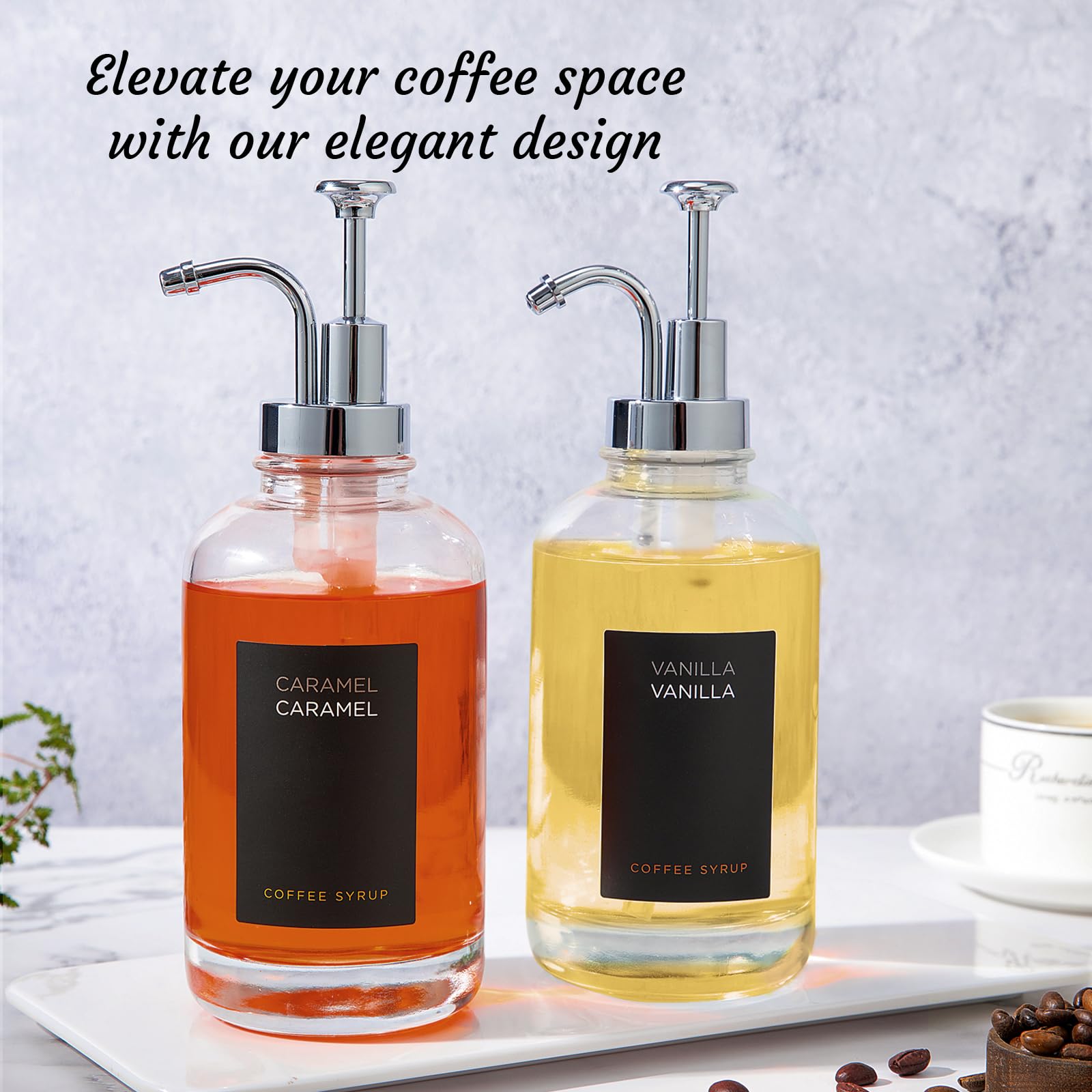 2 Dispenser per Sciroppo di Caffè con 18 Etichette, Pompa per Caffetteria, Bottiglia Minimalista in Vetro, Set di Bottiglie Semplici in Acero/Sciroppo