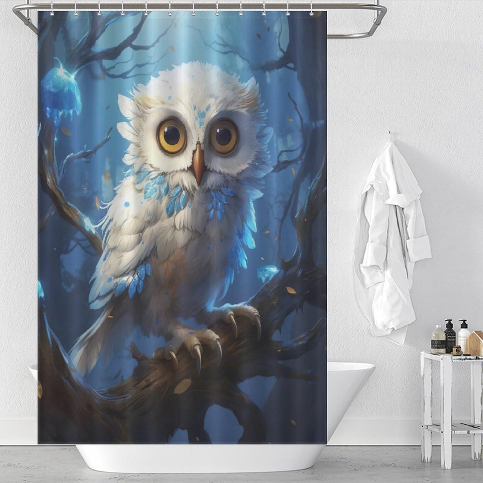 Rideau de douche hibou 122x183 cm étanche en tissu textile avec crochets pour salle de bain