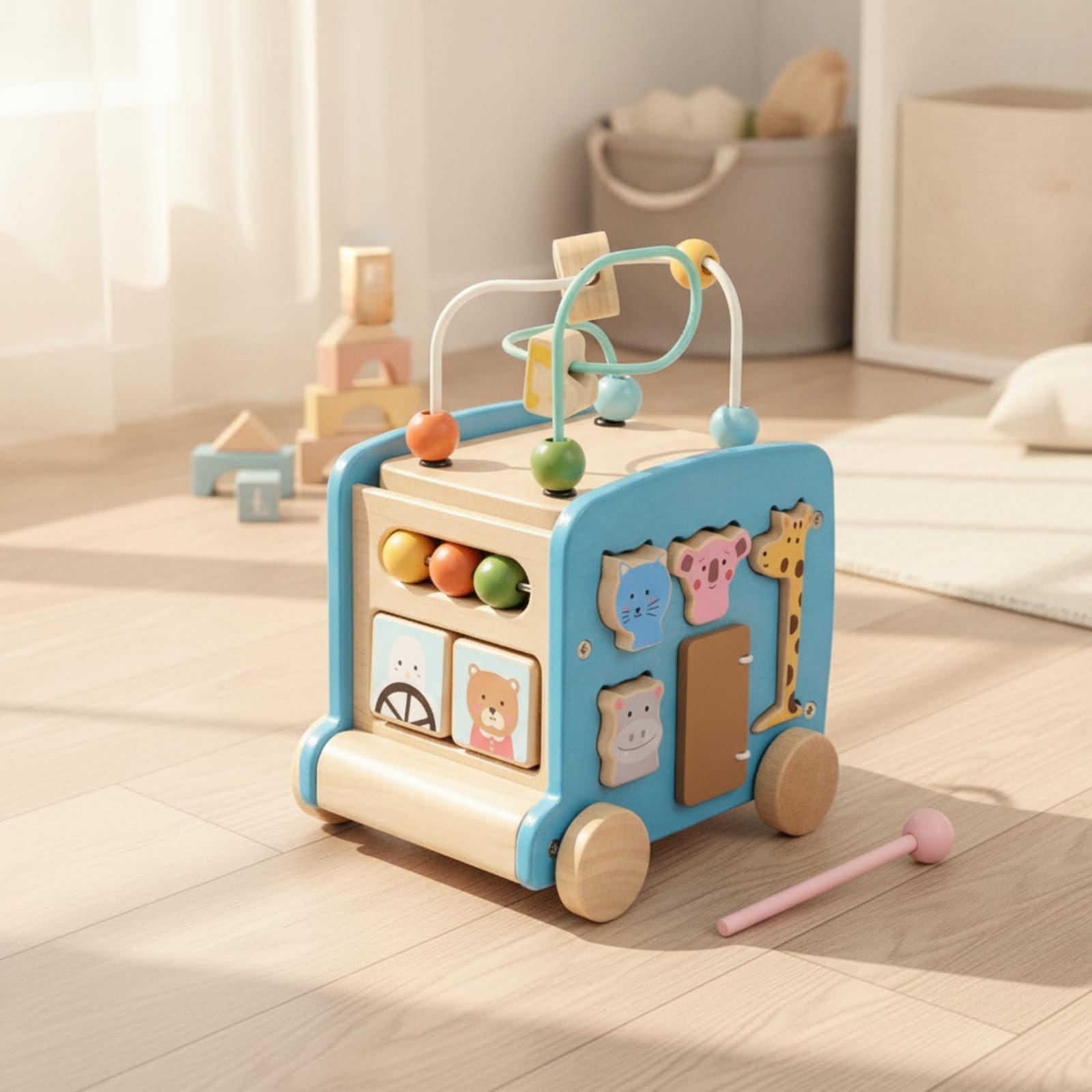kowaku J Multifonction en Bois D'apprentisge Précoce Coloré Véhicule'activités Labyrinthe Perles Non Toxique pr Jeunes Enfants, Bébés, Bleu
