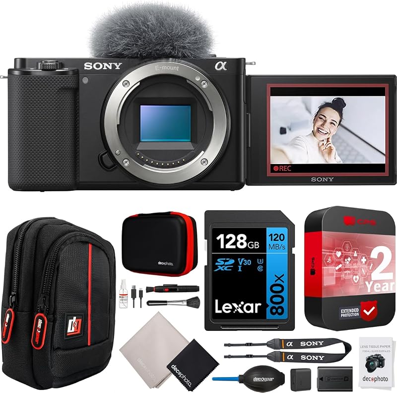 ZV-E10 Cuerpo de cámara Vlog sin espejo Alpha APS-C con lentes intercambiables ILCZV-E10/B Paquete negro con paquete de protección extendida CPS 2 años + estuche Deco Gear + tarjeta de memoria de 128 GB y kit de accesorios