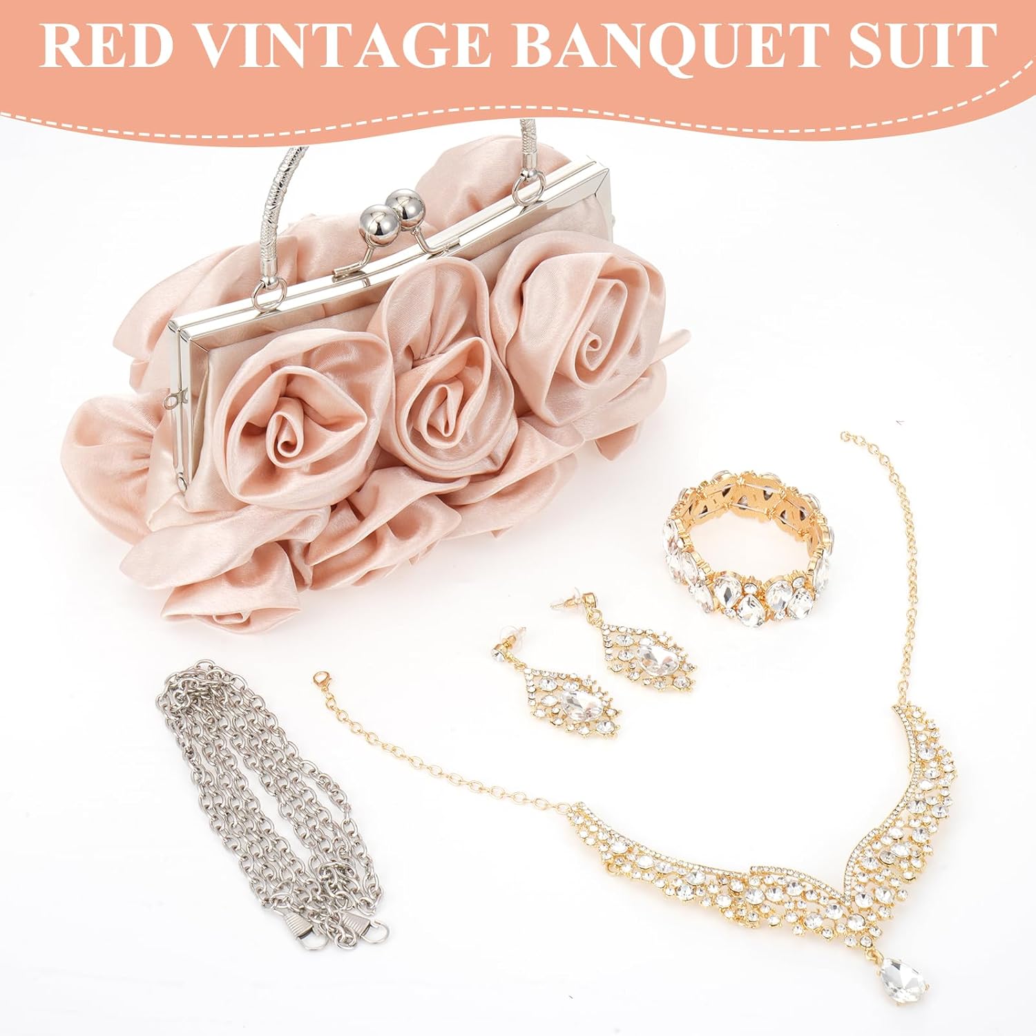 Rose Wedding Jewelry Set 4 Piece for Bride with Clutch Purse, Rhinestone Crystal Necklace Earrings Bracelet, Formal Accessories for Prom Party Banquet Anniversary