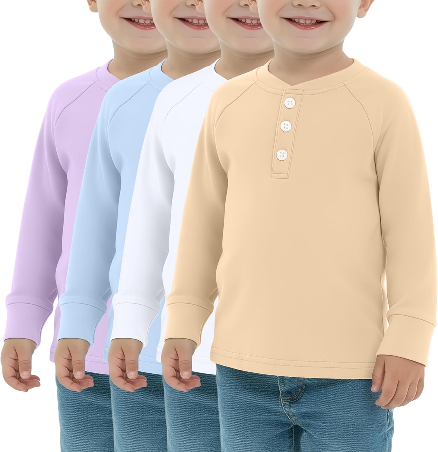 4 Pack Boys' Long Sleeve T-Shirts Girls' Henley Tees Casual Toddler Shirts Solid Baby Winter Clothes Unisex