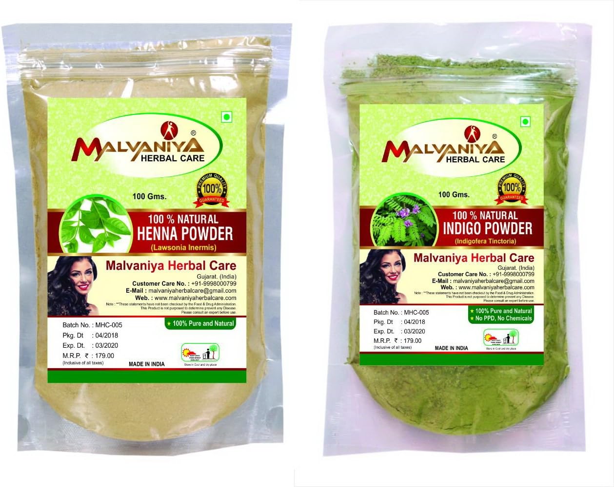 Malvaniya Herbal Care Indigo Henna Hair Powder Combo - Pack Of 2 X 100 Grams