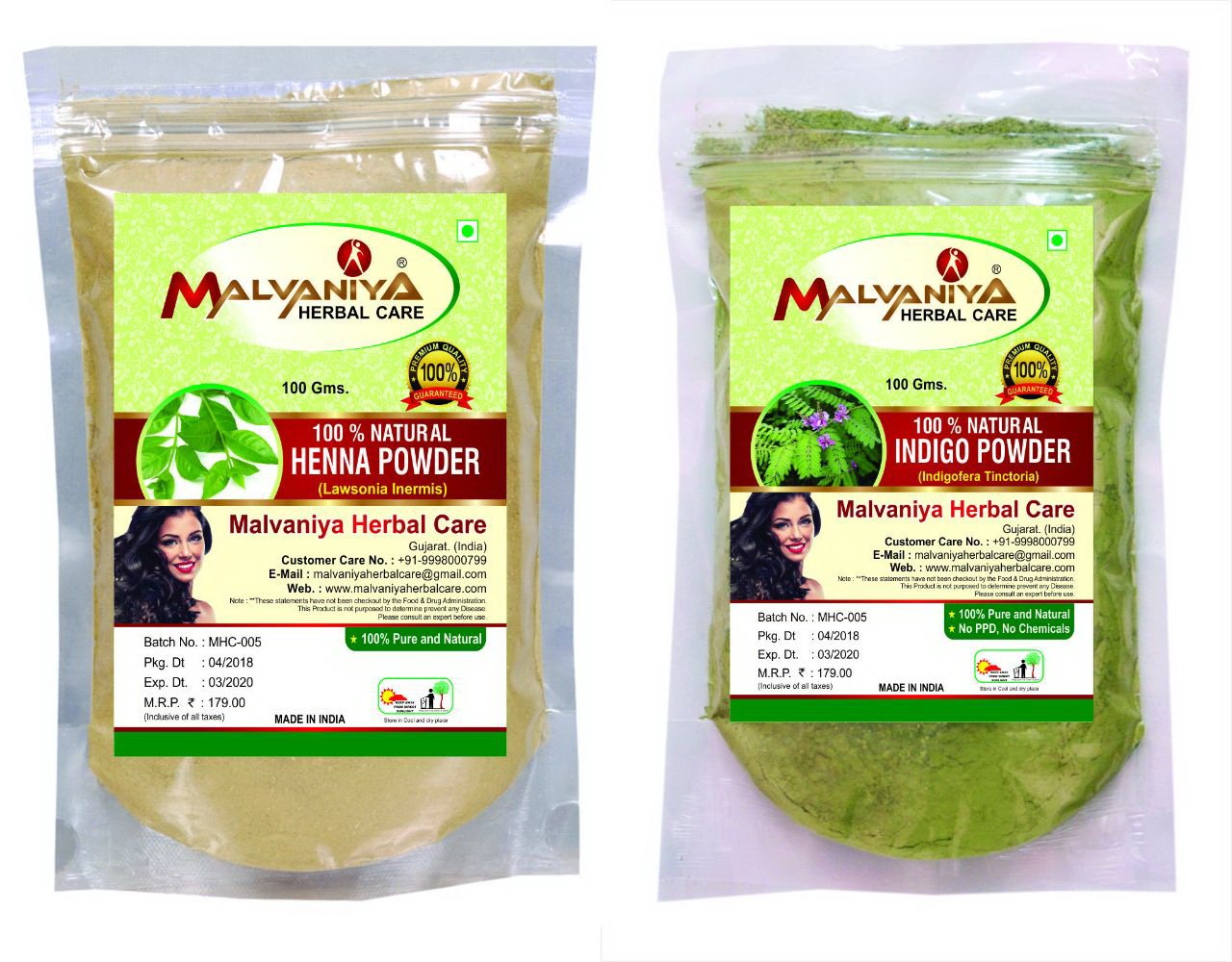 Malvaniya Herbal Care Indigo Henna Hair Powder Combo - Pack Of 2 X 100 Grams