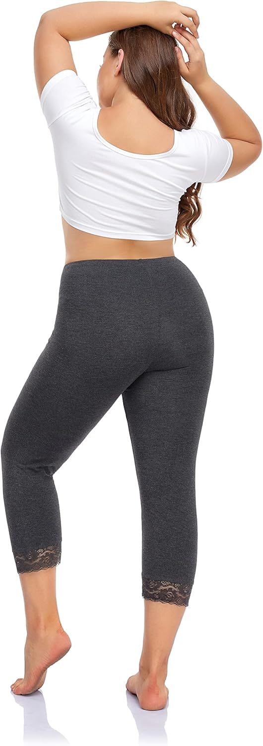 Plus Size Capris Leggings for Women，Lace Trim Stretch Crop Leggings Workout Casual Tights Pants - Image 6