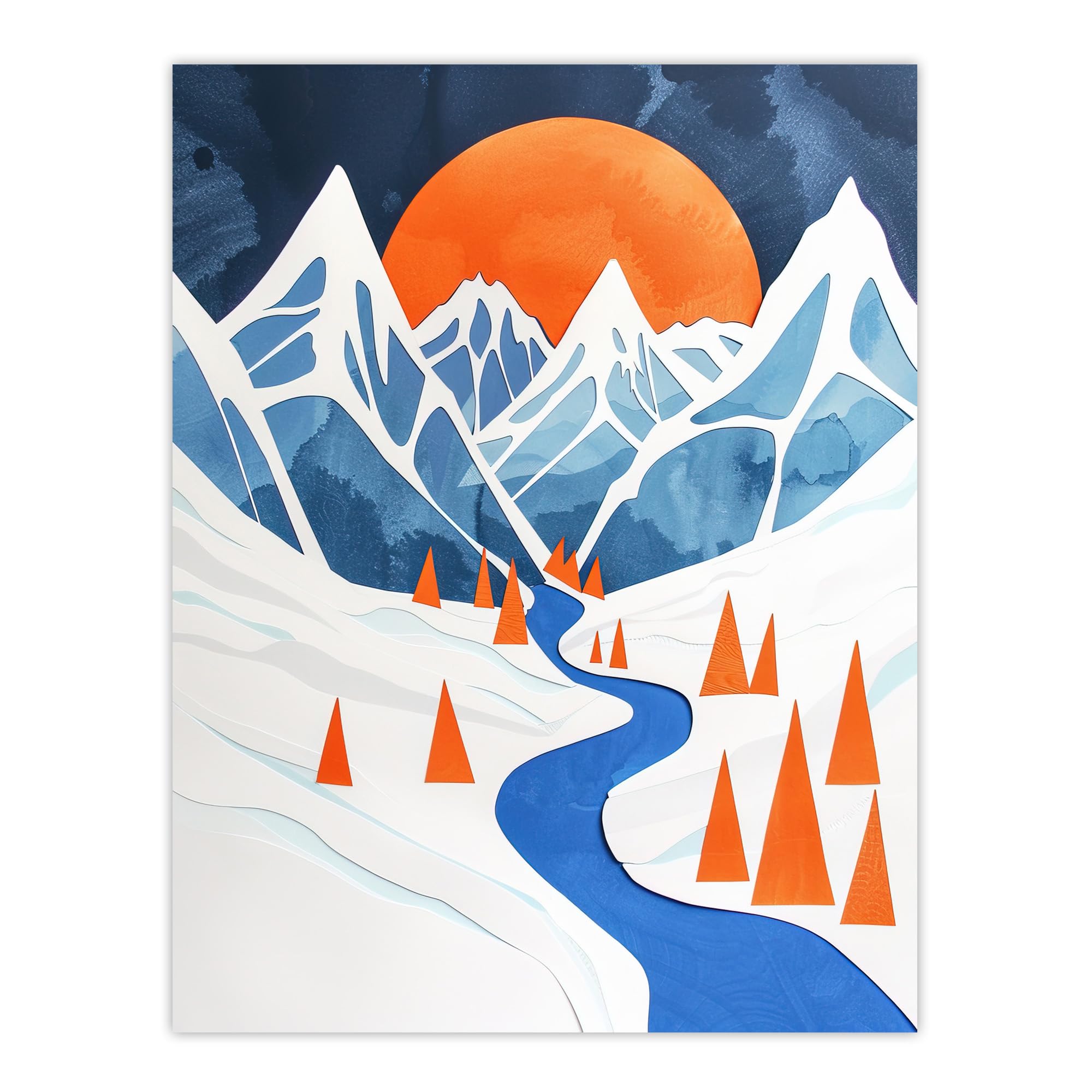 Artery8 Abstract River Mountain Winter Snow Landscape Wall Art Print W18" x H24"
