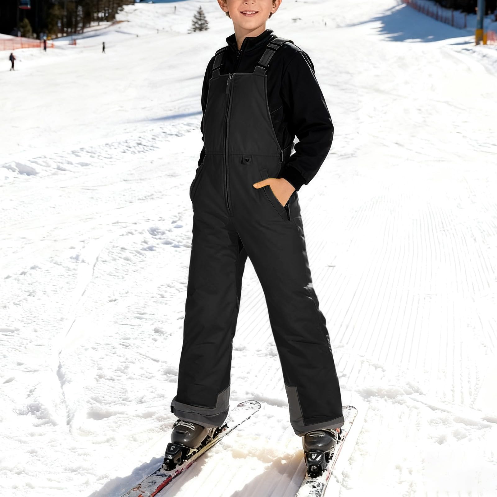 Pantalones de esquí para niños y niñas, pantalones de peto cálidos impermeables y forrados, pantalones de snowboard con cremallera y tirantes para esquí