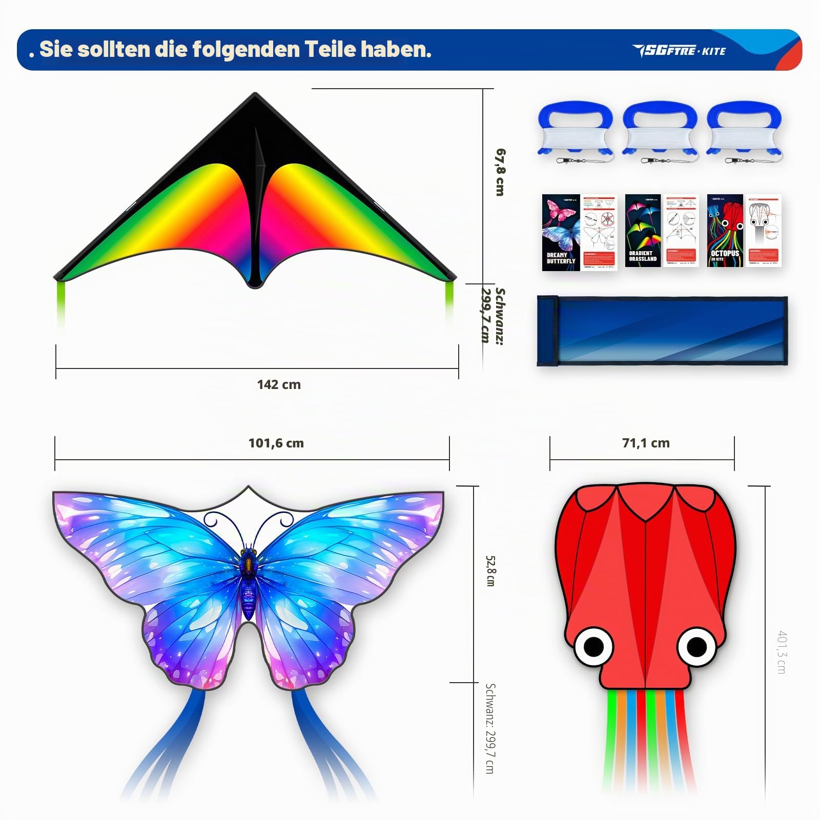 SGftre 3-teiliges Set Schmetterling, Delta und Oktopus Drachen für Jungen und Mädchen, Stranddrachen für Familien-Aktivitäten und Outdoor-Spiele