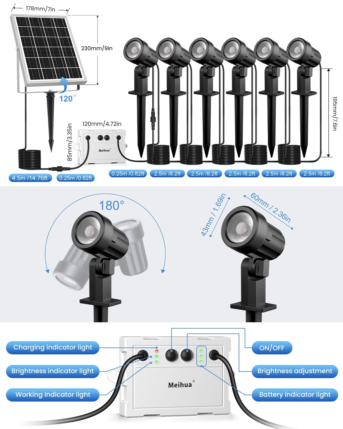 MEIHUA Solarlampen für Außen 6 Stück, Solar Strahler RGB Gartenleuchte mit Fernbedienung, IP66 Wasserdichte 10 Farben 30 Zyklus-Modi
