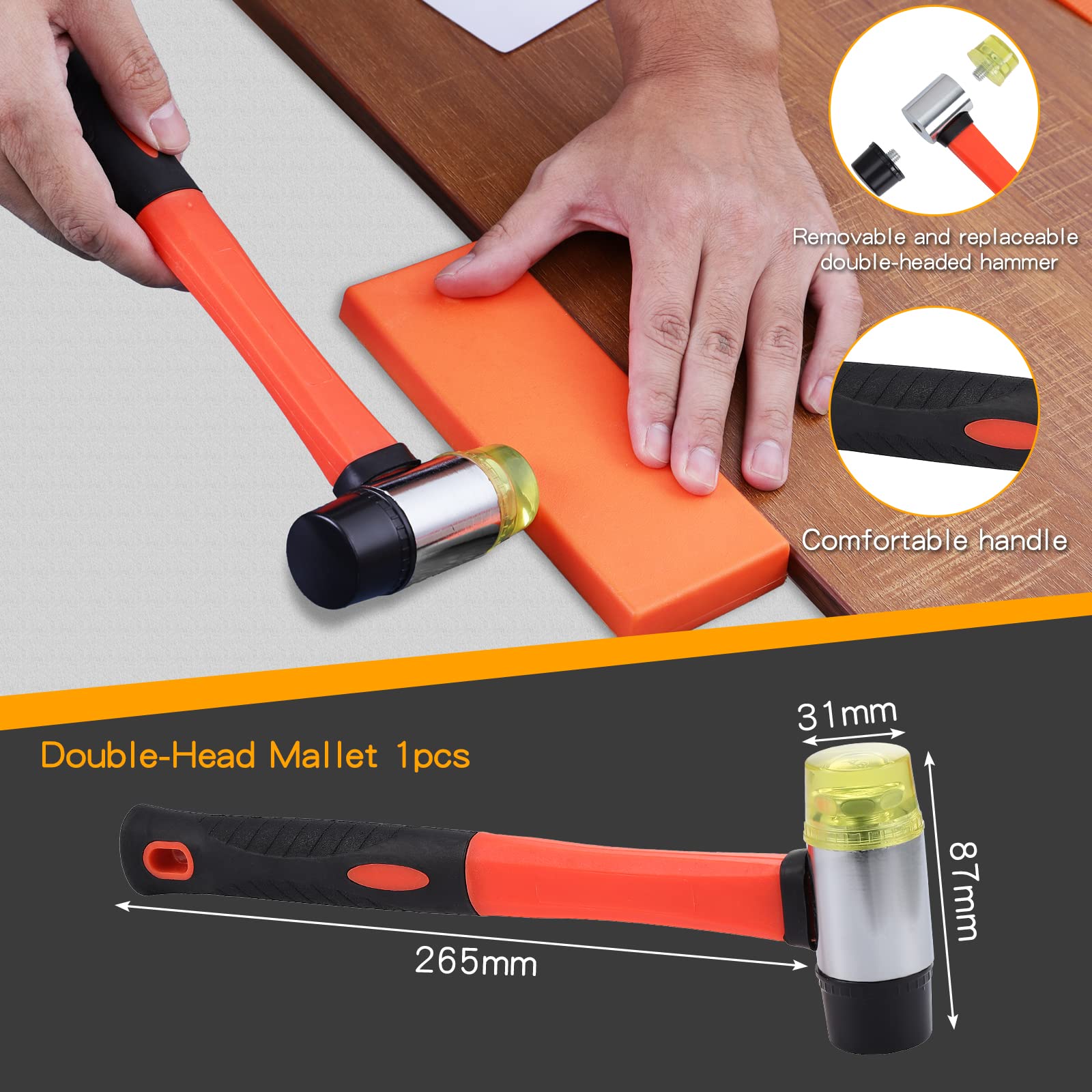 Kit de instalación de pisos de madera,Herramientas de montaje de pisos laminados,Kit de suelo con 40 espaciadores, Barra de tracción resistente, Bloque de roscado sólido, Mazo de doble cara