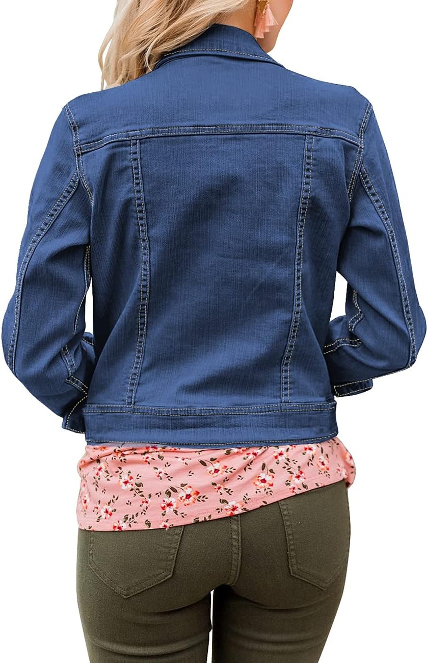 Vetinee Womens Stretch Button Down Long Sleeve Pockets Denim Jean Trucker Jacket - Image 2