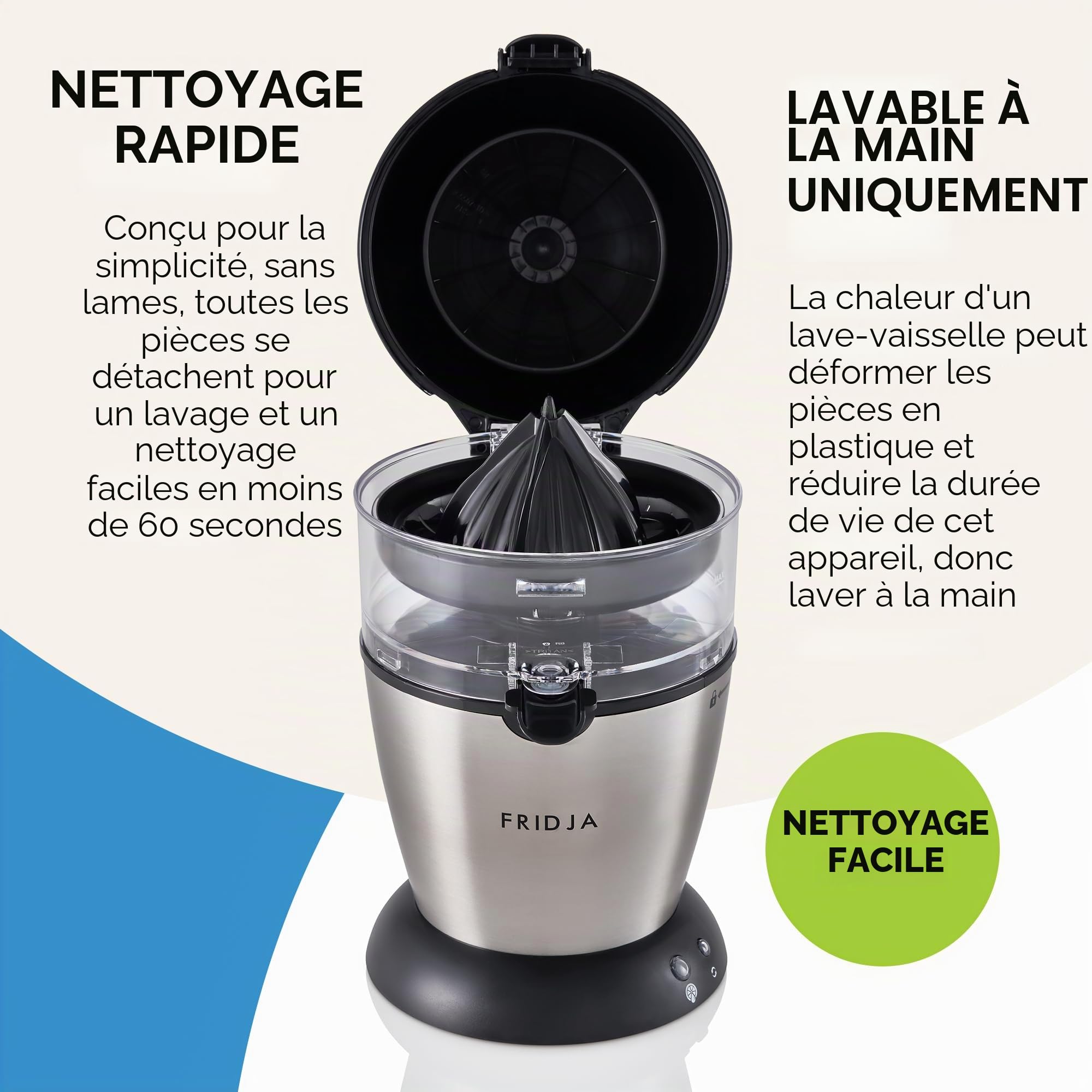 Fridja f900 Presse-agrumes automatique (un bouton pour fonctionner) sans déversement, sans éclaboussures, facile à nettoyer, presse-agrumes orange et pamplemousse pour jus fraîchement pressé, en acier