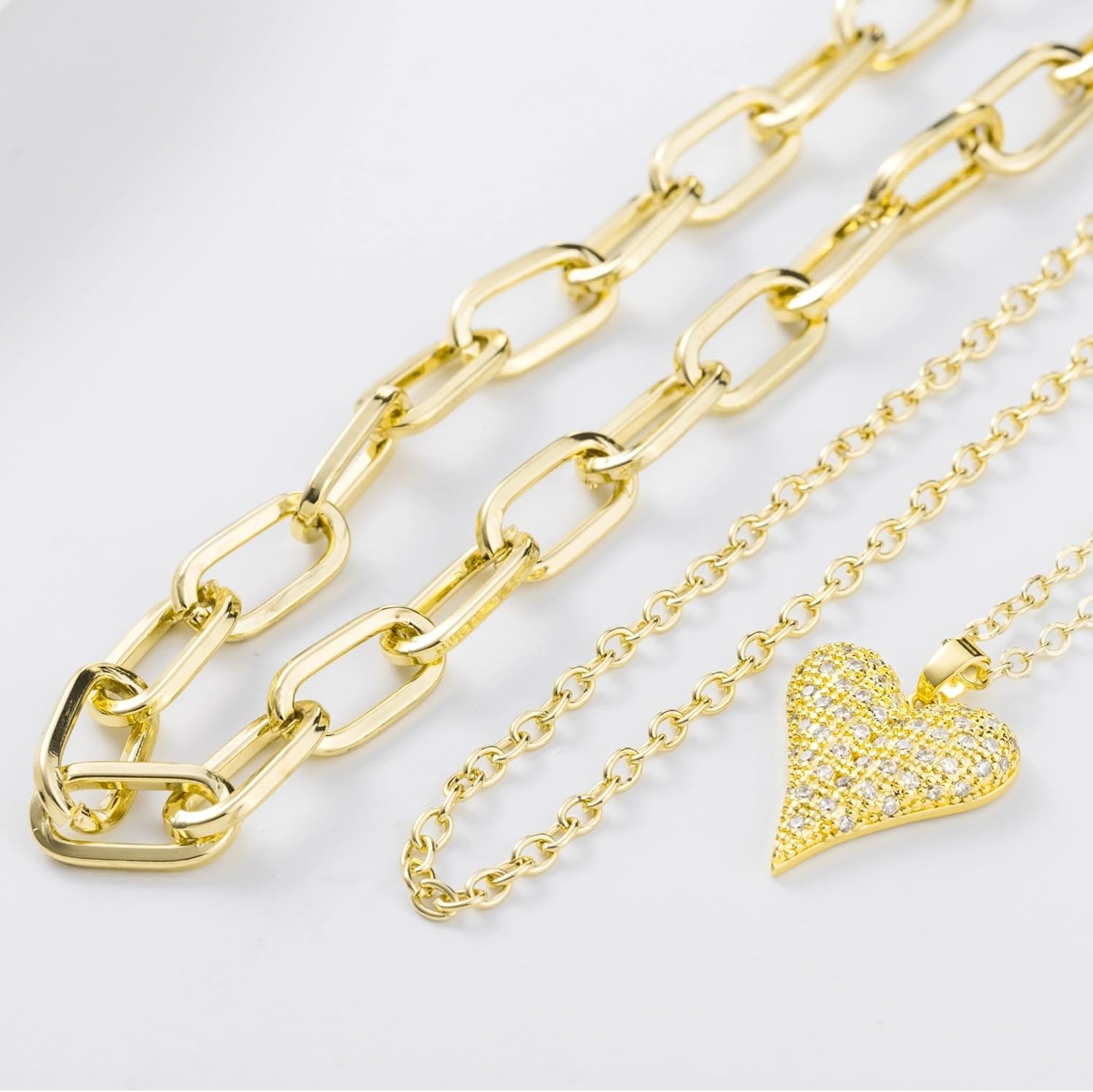 Trendy Chunky Layered Gold Necklace for Women – Adjustable 3-Strand Paperclip Chain with Sparkling CZ Heart Pendant, Non-Tarnish Statement Jewelry Gift for Her - Image 5