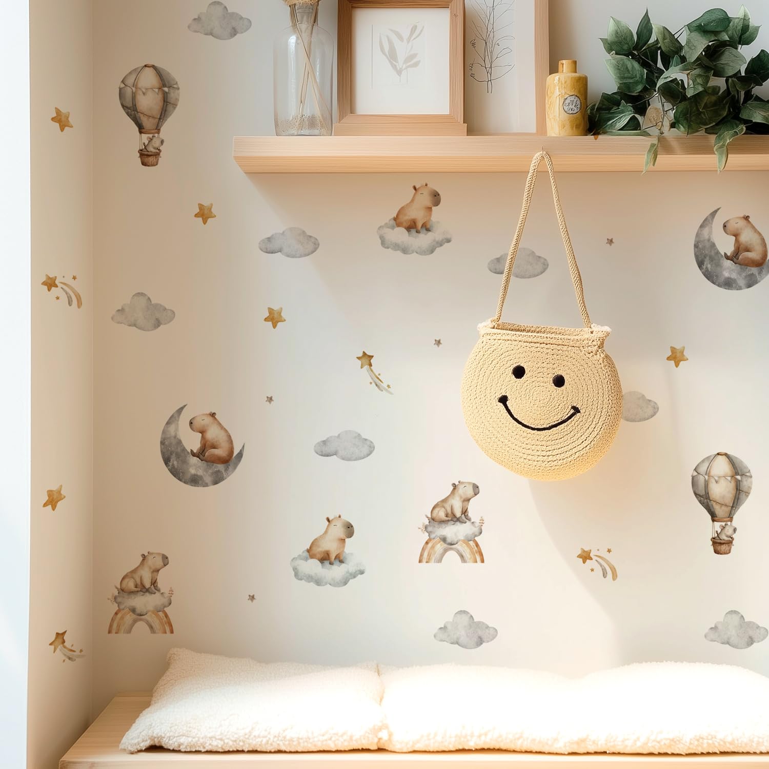 Alwayspon 38 Decals Cute Capybara Grey Moon Star Cloud Hot Air Balloon Art Wall Decals