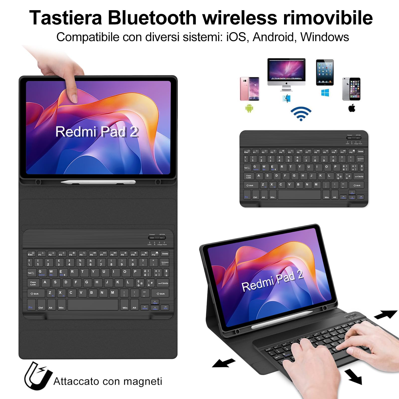 IVEOPPE Tastiera per Xiaomi Redmi Pad 2/ Remi SE 11", Cover con Tastiera Rimovibile, Keyboard Italiano QWERTY Bluetooth, Custodia con Portapenna, Nero