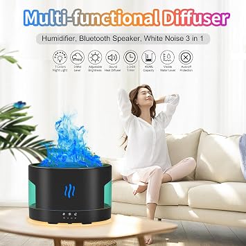 Oil Diffusers for Home large Room, 450ml Visible Water Tank, Air Diffuser Humidifier with Bluetooth Speaker, White Noise and Remote, Flame Humidifier for Bedroom,Office, 7 Colors Diffuser Gifts