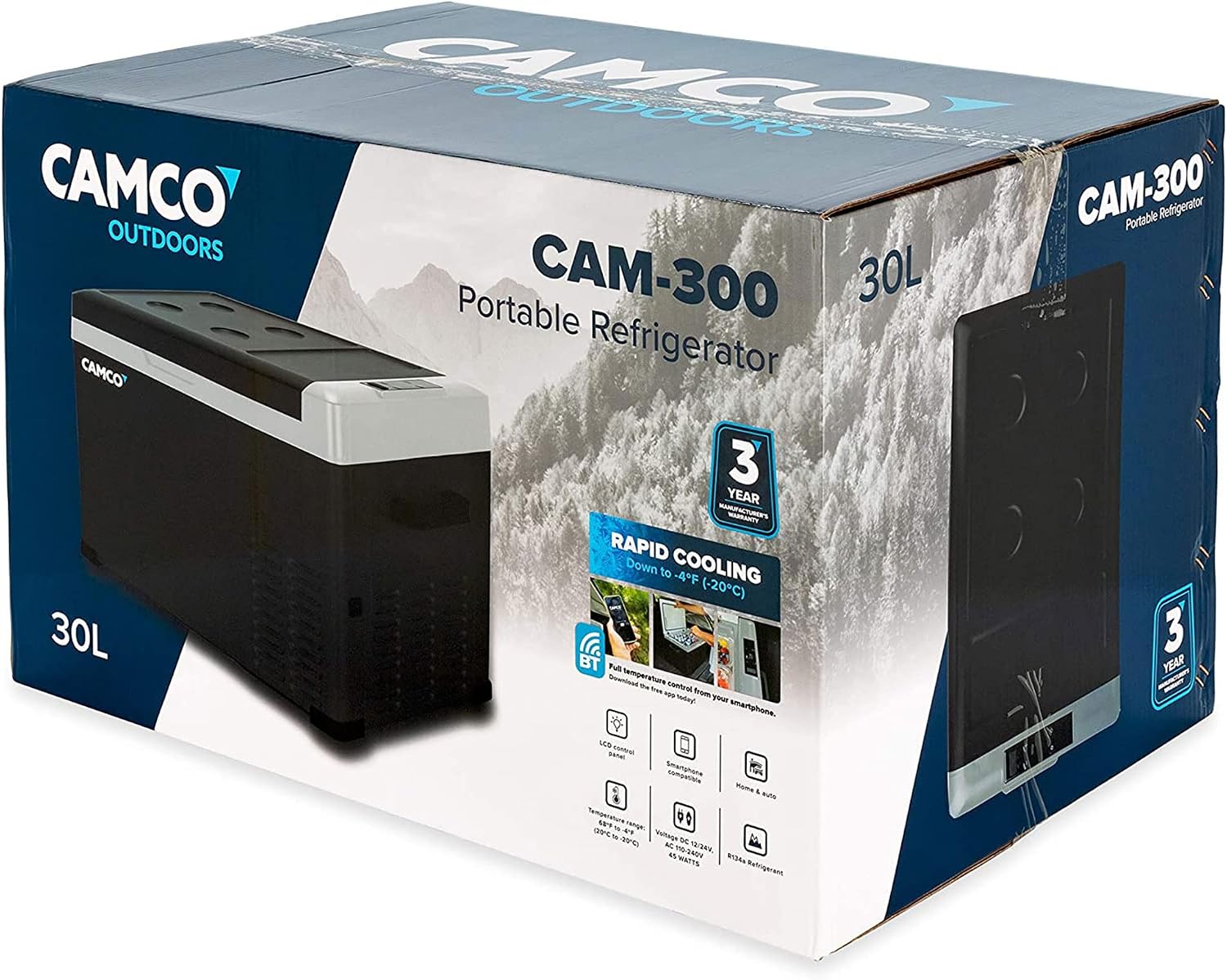 Camco CAM-300 AC 110V DC 12V 30 Liter Portable Compact Refrigerator w/Single Zone Cooling/Freezing and Vehicle Outlet Cables for Camping & Road Trips