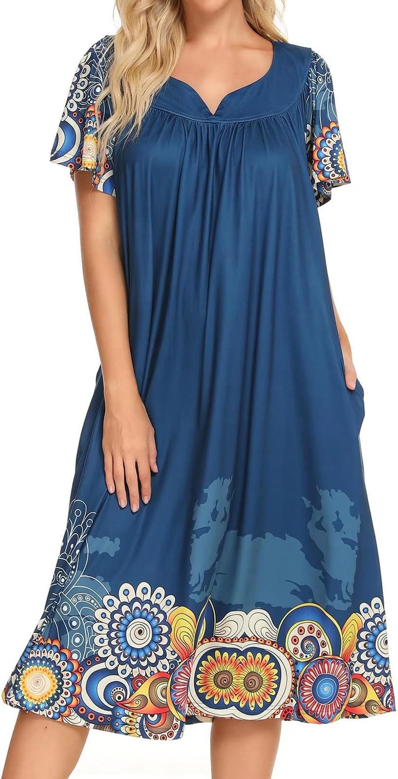 BloggerloveHouse Dresses for Women With Pockets Mumu Duster Housecoat Short Sleeve Patio Dress S-XXL