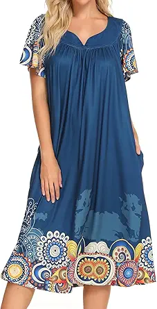 Bloggerlove House Dresses for Women with Pockets Mumu Duster Housecoat Short Sleeve Patio Dress S-XXL