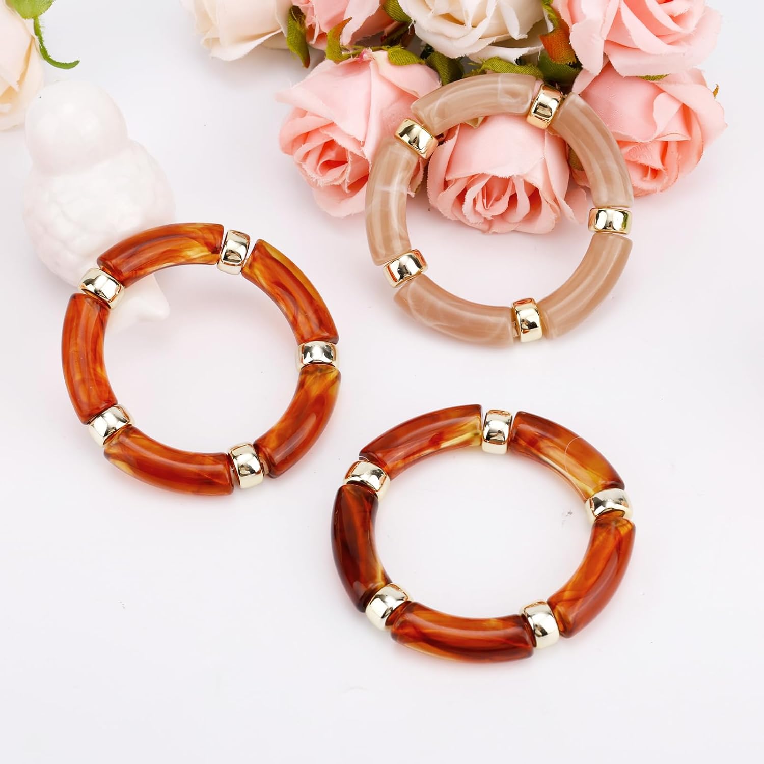 6pcs Acrylic Bangle for Women, Stackable Chunky Acrylic Beaded Bracelets Stretch Resin Bracelets Fashion Jewelry for Women - Image 3