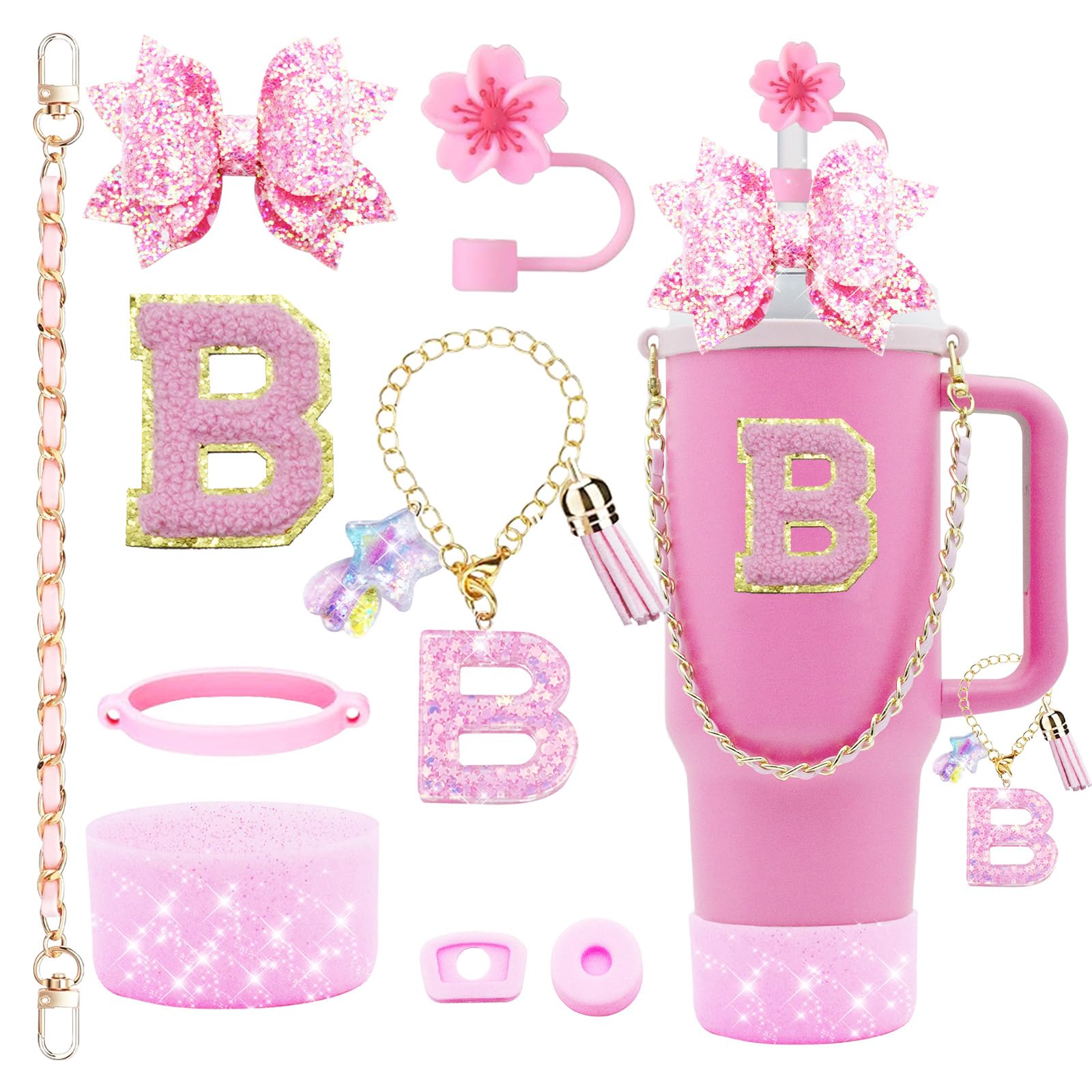 9PCS Bling Stanley Cup Accessories for 30oz & 40oz Tumbler with handle,Including Initials Charms,Leather Handle Strap,Straw Bow Decorate,Straw Topper