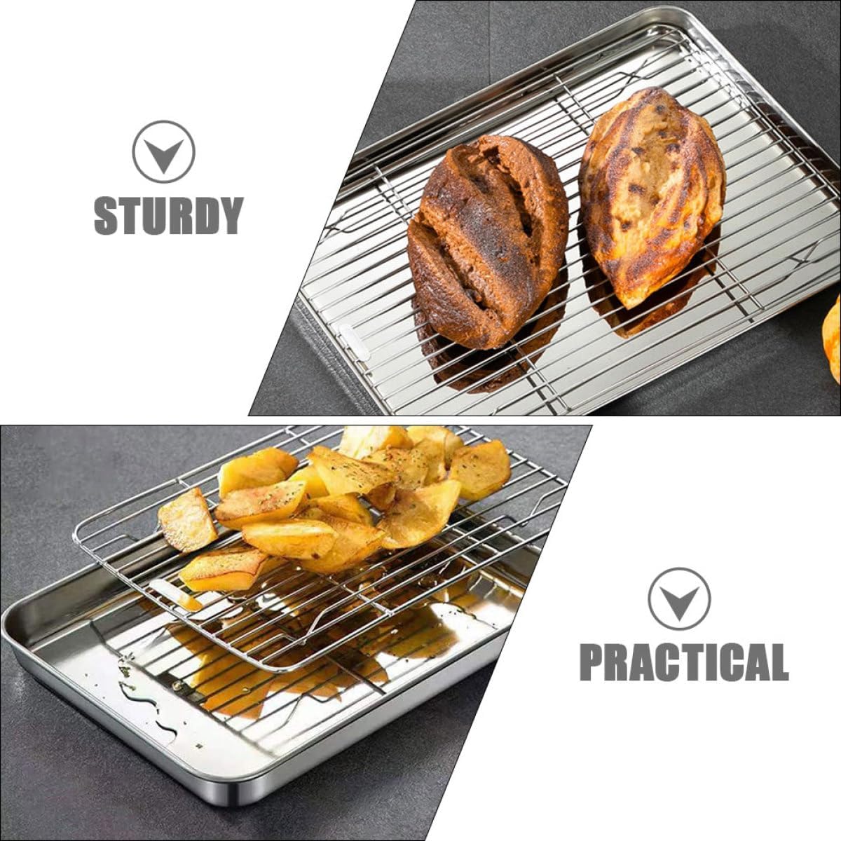2 Sets Stainless Steel Baking Tray and Cooling Rack Set, Oven Roasting Pan with Wire Rack, 23.5x17.5x2.5cm 26.5x20.5x2.5cm, Sturdy Metal Bakeware for Home and Restaurant Use
