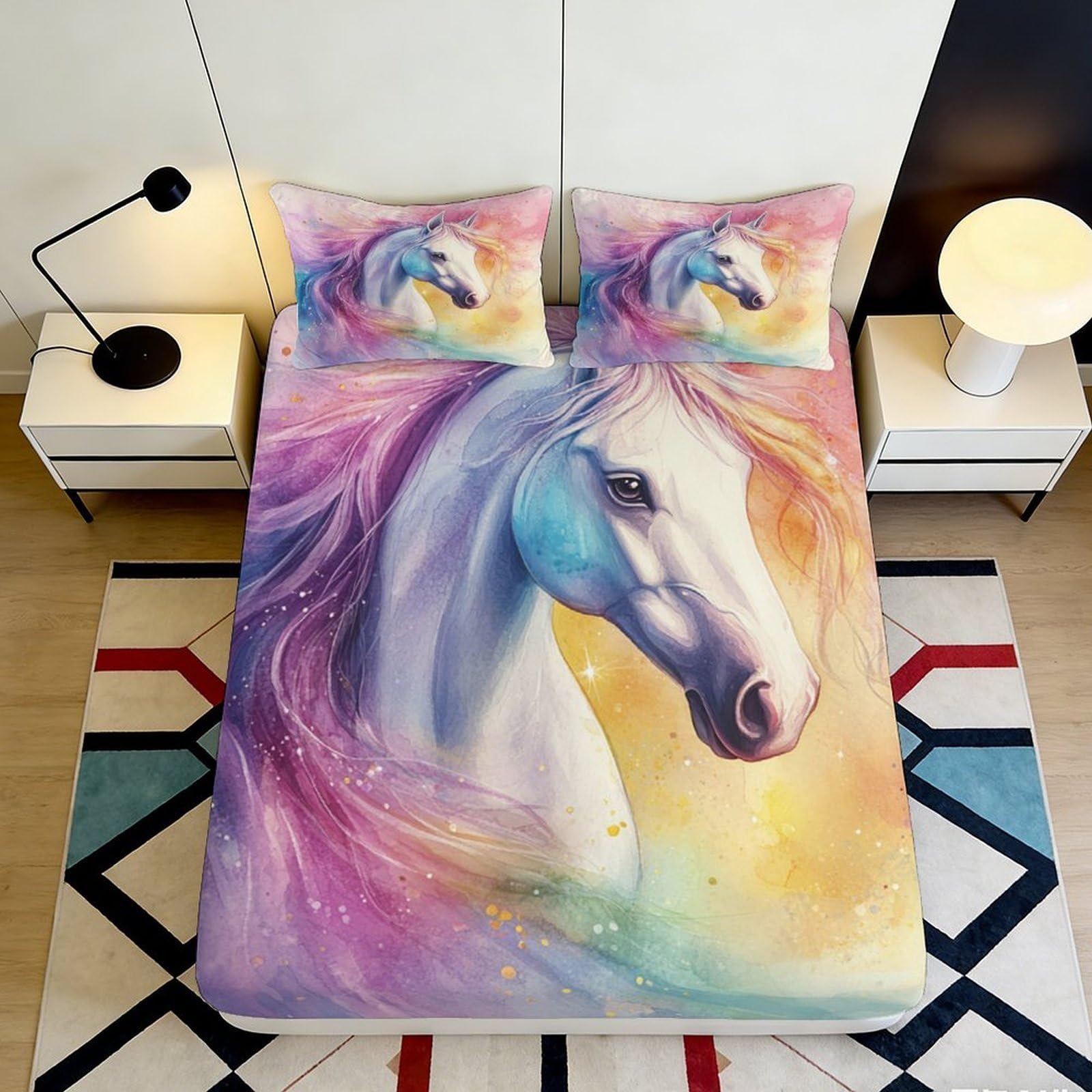 3D Printed Rainbow Unicorn Fitted Sheet Microfiber Soft Pastel Horse Mattress Cover for Bedroom Guest Room Dorm Decor 90x200x25cm