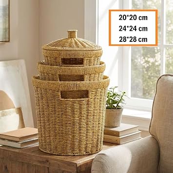3’lü İç İçe Geçebilen Büyük Plastik Rattan Hasır Sepet Seti-Dayanıklı Çok Amaçlı Ev,Banyo ve Mutfak Düzenleyici (5264)