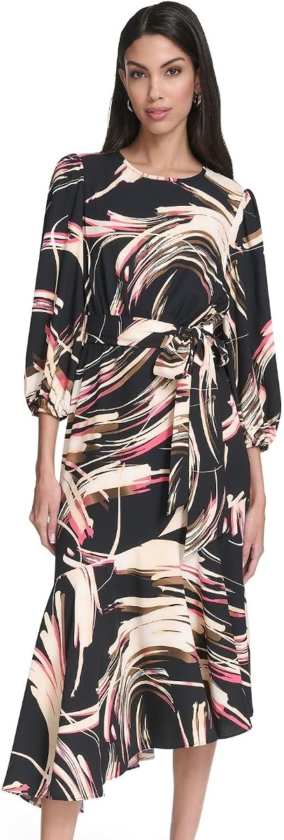 Halston Women's Long Sleeve Midi Printed Belted Dress with Ruffle Hem