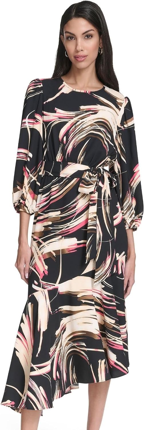 Halston Women's Long Sleeve Midi Printed Belted Dress with Ruffle Hem