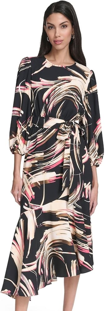 halston dress Women's Long Sleeve Midi Printed Belted with Ruffle Hem, Black/Sorbet, 2 at Amazon Women's Clothing store size:11.5 Lace & Beads babydoll a ruffle flounce sleeve HOMECOMING DRESS