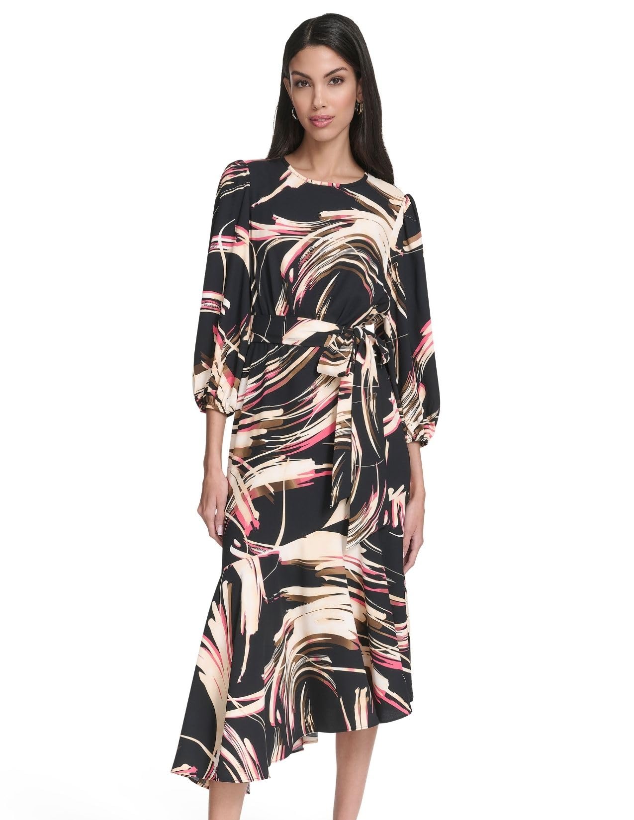 Halston Women's Long Sleeve Midi Printed Belted Dress with Ruffle Hem