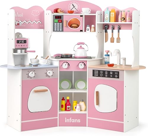INFANS Juego de cocina esquinera para niños, juego de cocina de madera para niños pequeños con luces, sonidos, lavadora, lavavajillas,