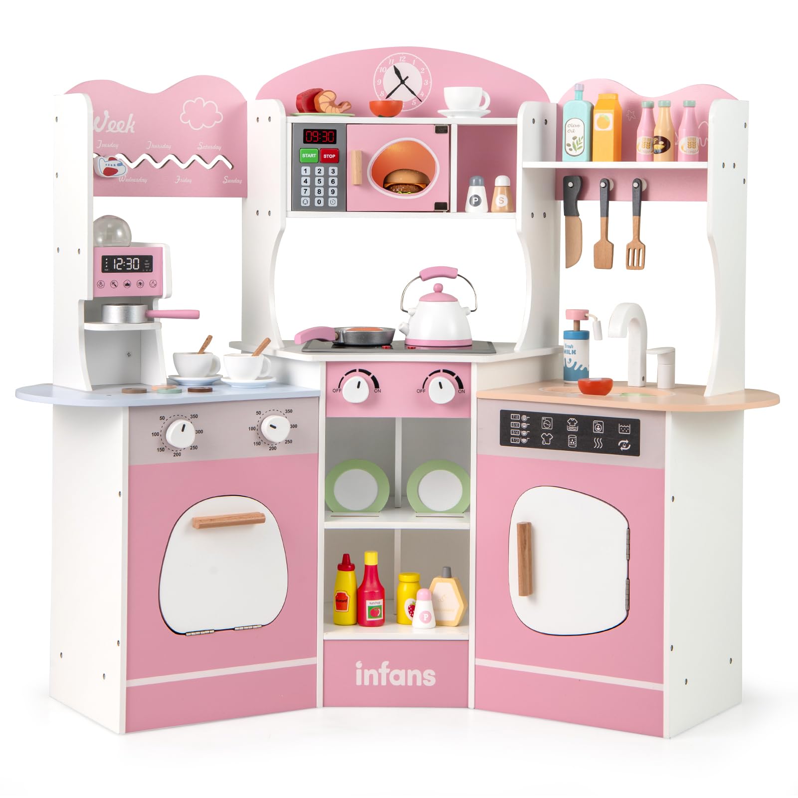 INFANS Corner Kids Kitchen Playset, Toddler Wooden Pretend Cooking Set with Lights Sounds Coffee Machine Washing Machine, Stove Removable Sink Storage Cabinet, Simulation Play Kitchen Toy (Pink)