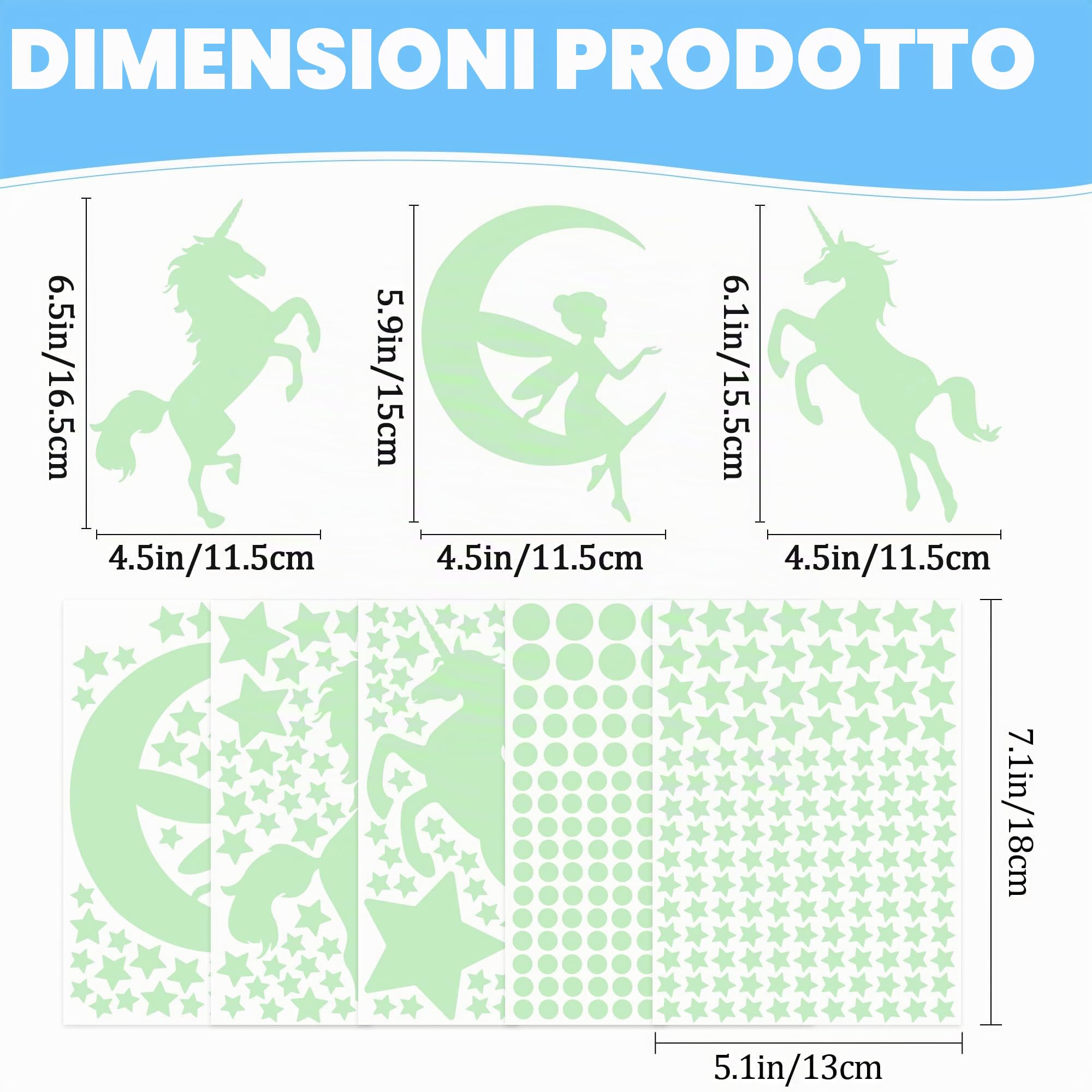 Adesivi Murali Fluorescenti Unicorno Stelle 585 Pezzi per Cameretta Bambine Soggiorno