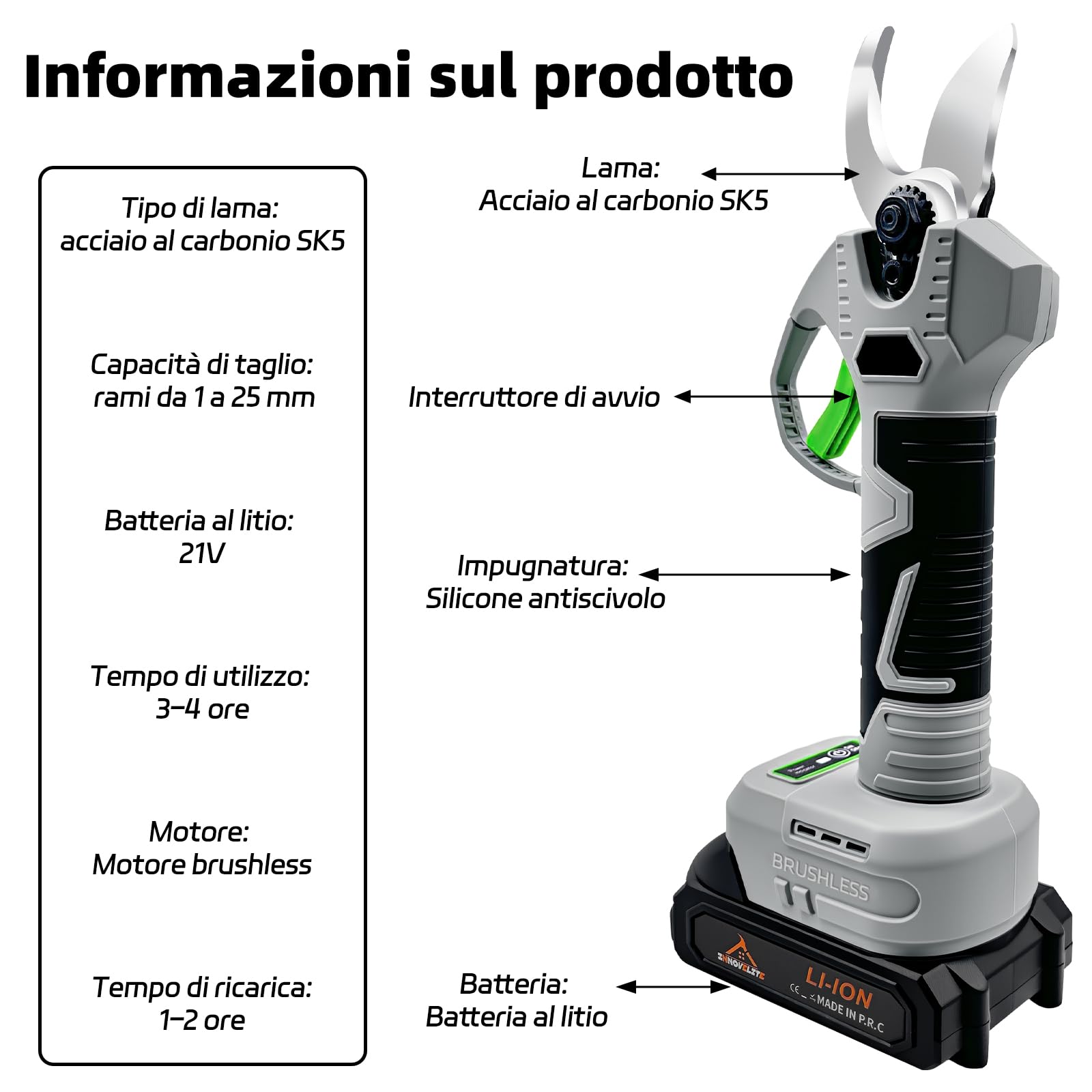 VOLTIX Forbici Potatura a Batteria 25mm, Forbici Elettriche con 2 Batterie e Lame di Ricambio, Cesoie a Batteria per Potatura per Giardinaggio, Alberi da Frutto, Vigneti