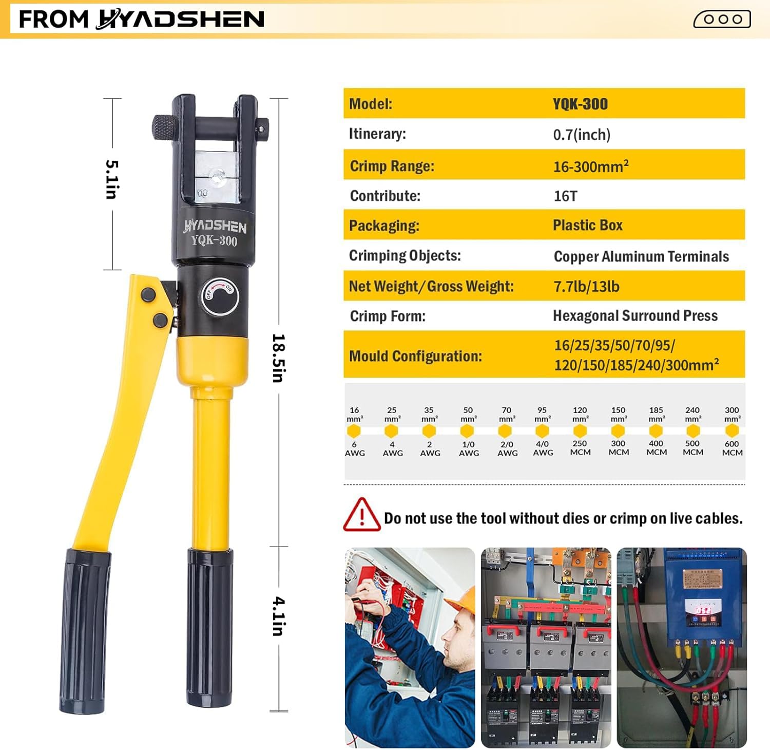 16 Ton Hydraulic Crimping Tool 6 AWG to 600MCM, Battery Cable Lug Terminal Crimper With 11 dies，Easy to Operate Hydraulic Wire Crimping Tool Kit for Wire Rope