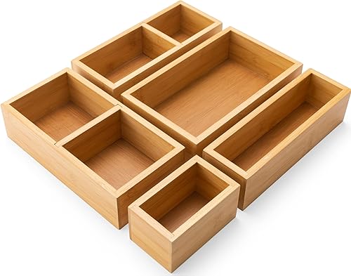 Oyydecor Juego de cajas de almacenamiento de cajones de bambú, organizador multiusos de 5 piezas para cocina, baño, escritorio de oficina, aparador,