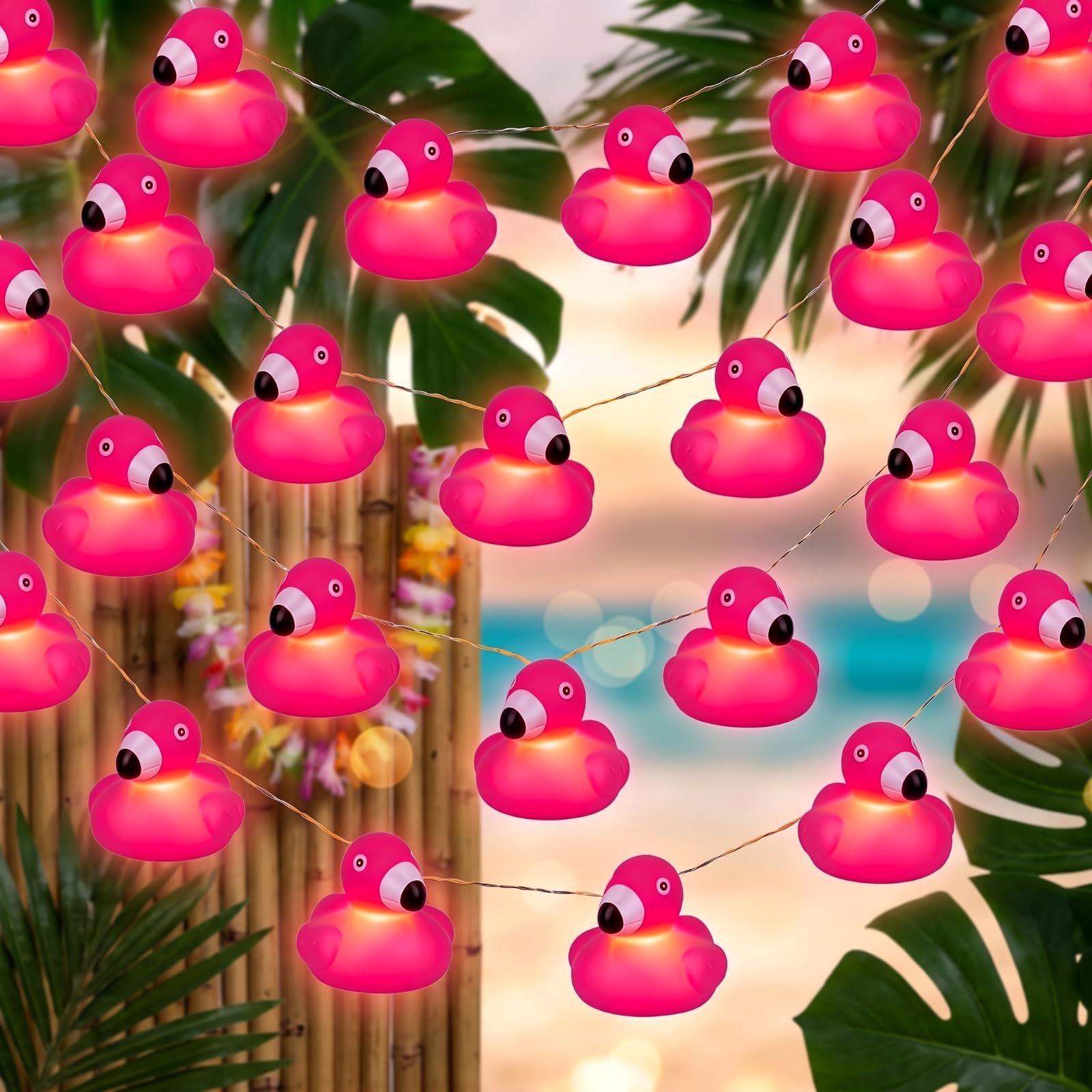 Deekin 3 Pack Pink Flamingo String Lights Battery Operated 60 LED 30 ft Total 10 ft Each Tropical Luau Party Fairy Lights for Hawaiian Beach Decor Tiki Bar Covered Patio Pool Party