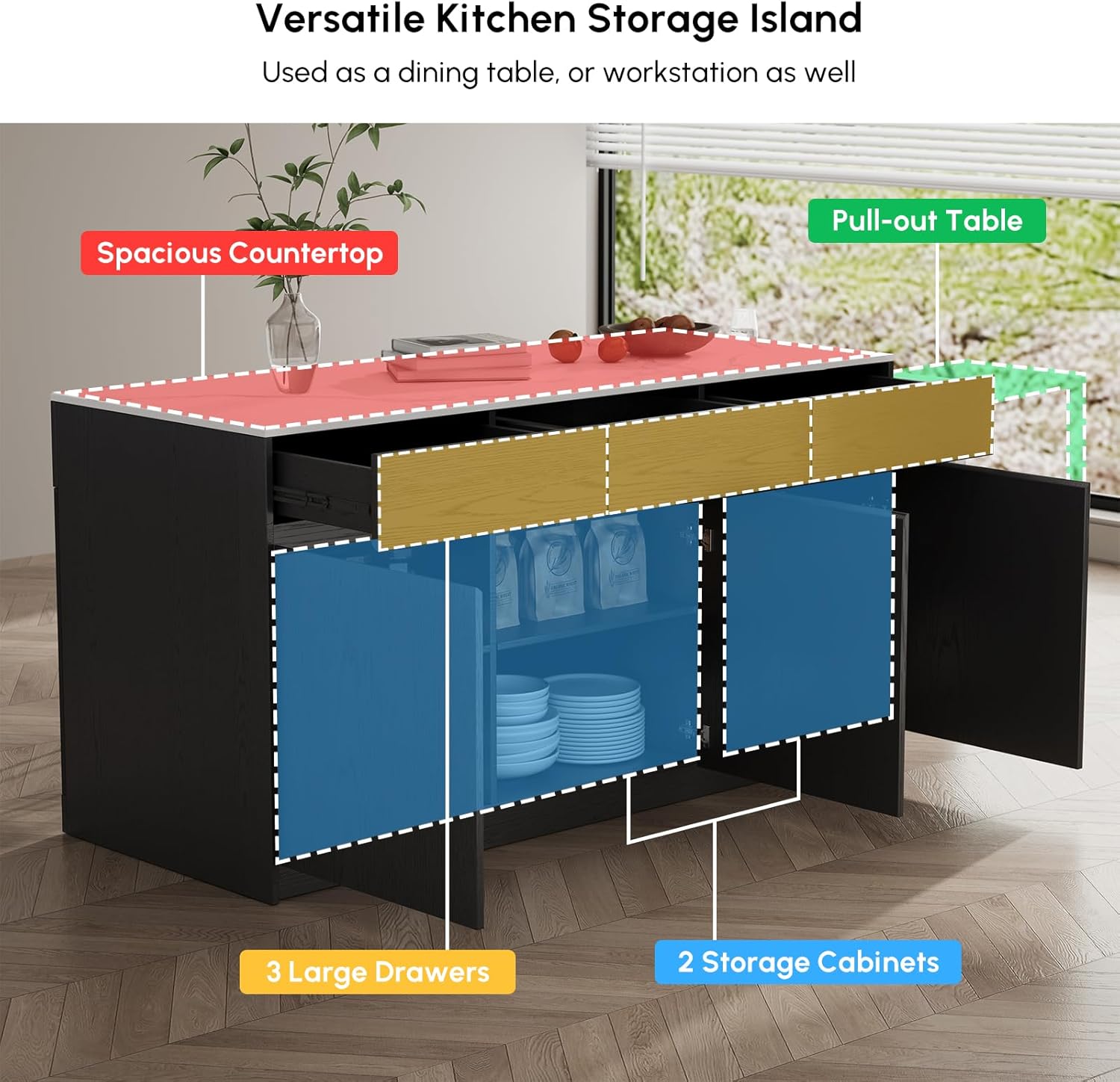 Homary Extendable Kitchen Island with storage areas highlighted