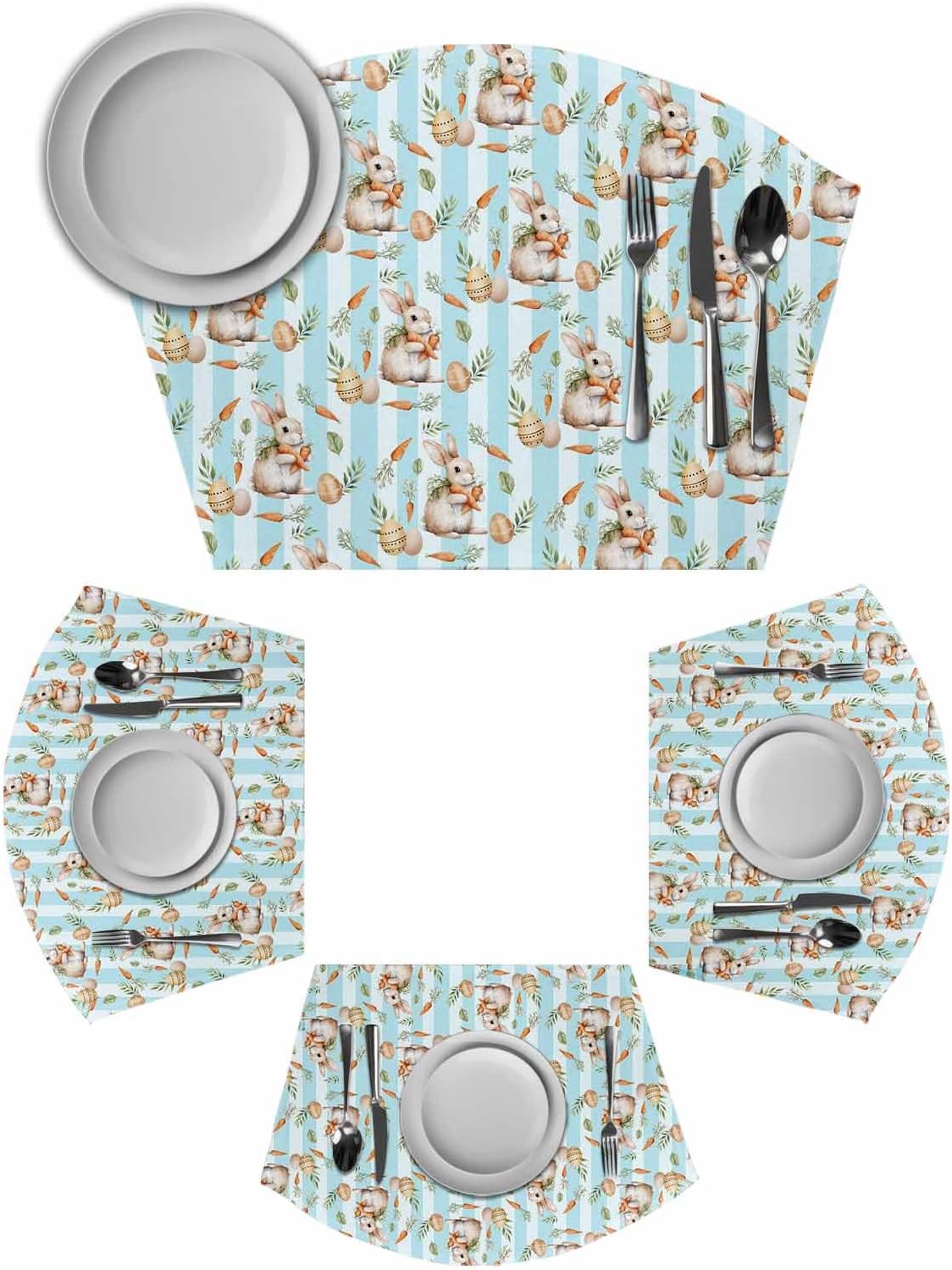 Easter Bunny Round Placemats Set of 6, Spring Easter Eggs Botanical Blue Striped Placemats for Round Dining Table Shape Wedge Placemat for Outdoor Indoor Wipeable Clean Table Place Mats