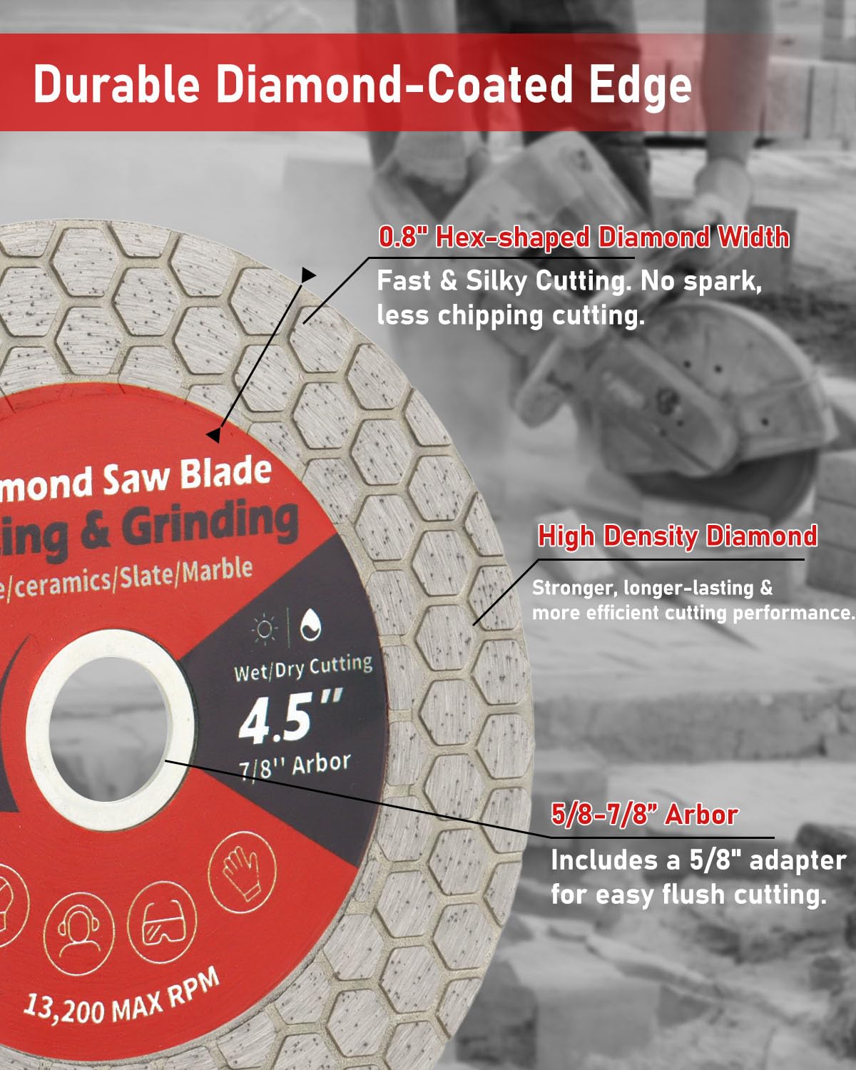 ZORUNNA Diamond Blade for Angle Grinder, 4.5" Tile Blade Cutting Disc Double-Sided for Cutting and Grinding on Ceramic Porcelain Tile Granite Marble(with 7/8" Arbor)