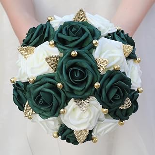 Handmade Wedding Bouquet Toss for Bride Bridesmaids Artificial PE Fake Rose Round Flower Bunch for Wedding Bridal Shower(Ivory & Emerald Green, 7.9")