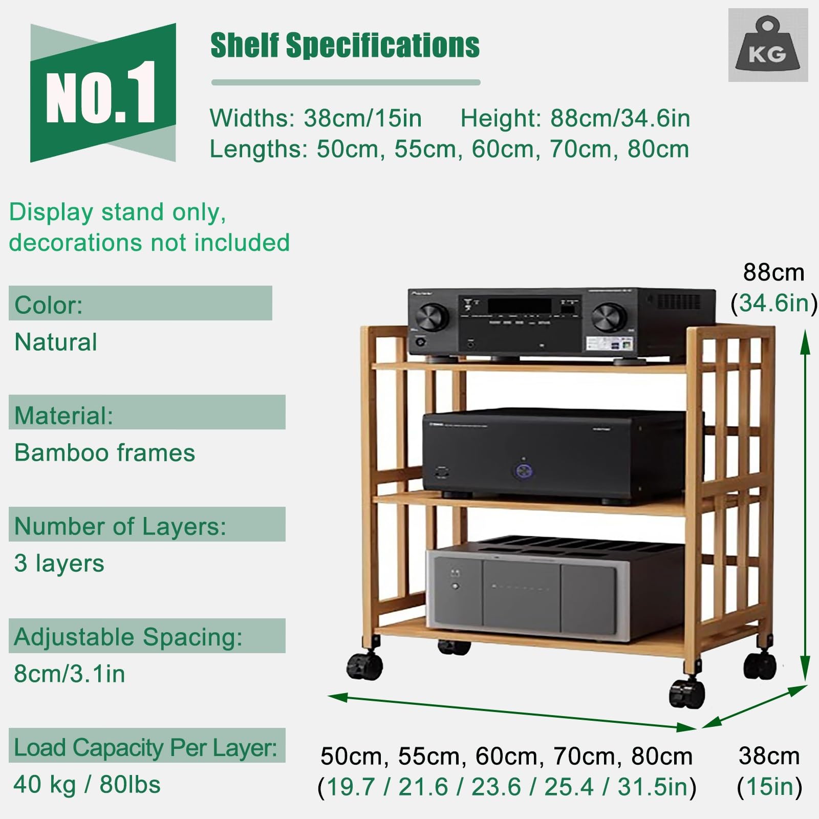 Étagère d'angle réglable en hauteur avec roulettes 5 niveaux en bambou pour lecteurs TV, lecteurs DVD, boîtes de câbles, support de rangement pour matériel audio