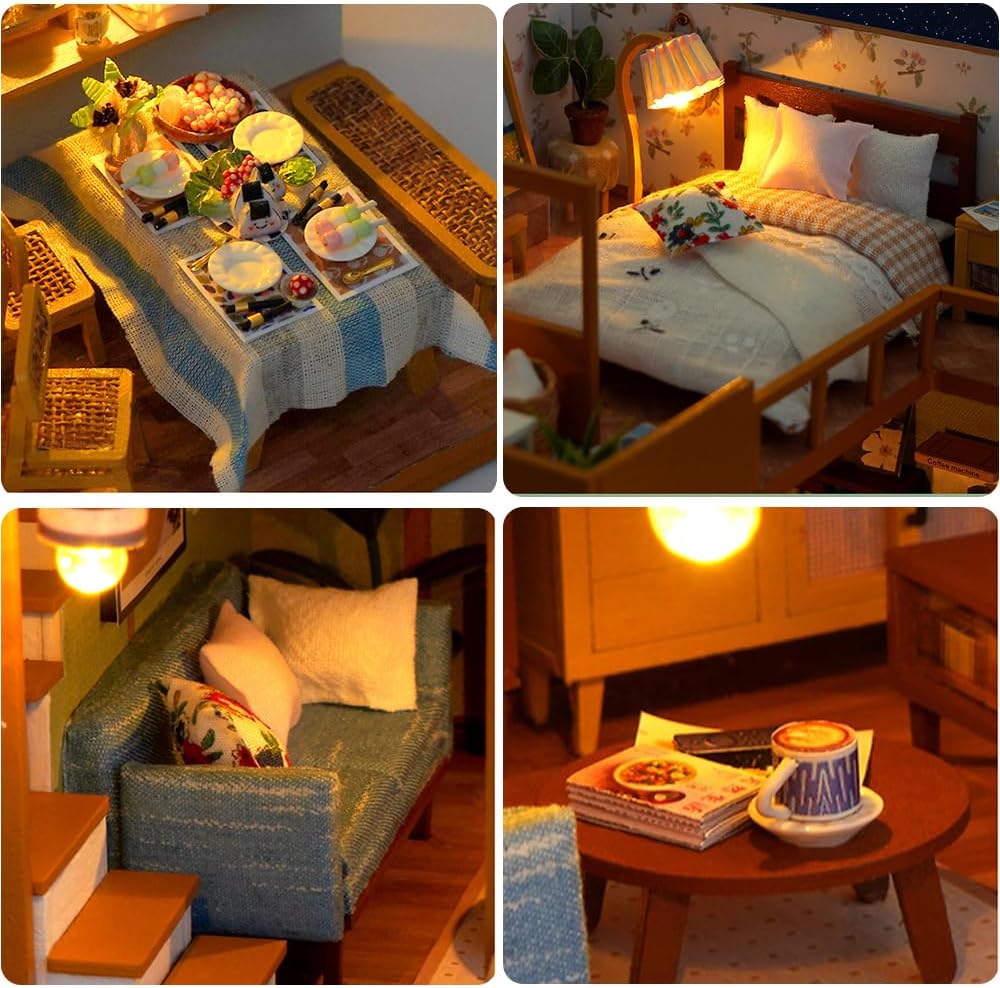 DIY Miniature Dollhouse Kit, Mini House Making Kit with Furnitures and Dust Cover, Tiny House Kit to Build for Adults, Hobby Craft Gift for Christmas Day, Japanese Style Loft