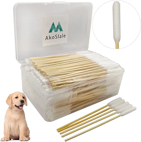AkoSlale Dog Ear Swabs, 200 Count – 6 Inch Long Bamboo Cotton Swabs with Large Lint Free Absorbent Tips for Pet Ear Cleaning & Wax Removal, Pairs Well with Ear Cleaning Solutions, Clear Storage Box