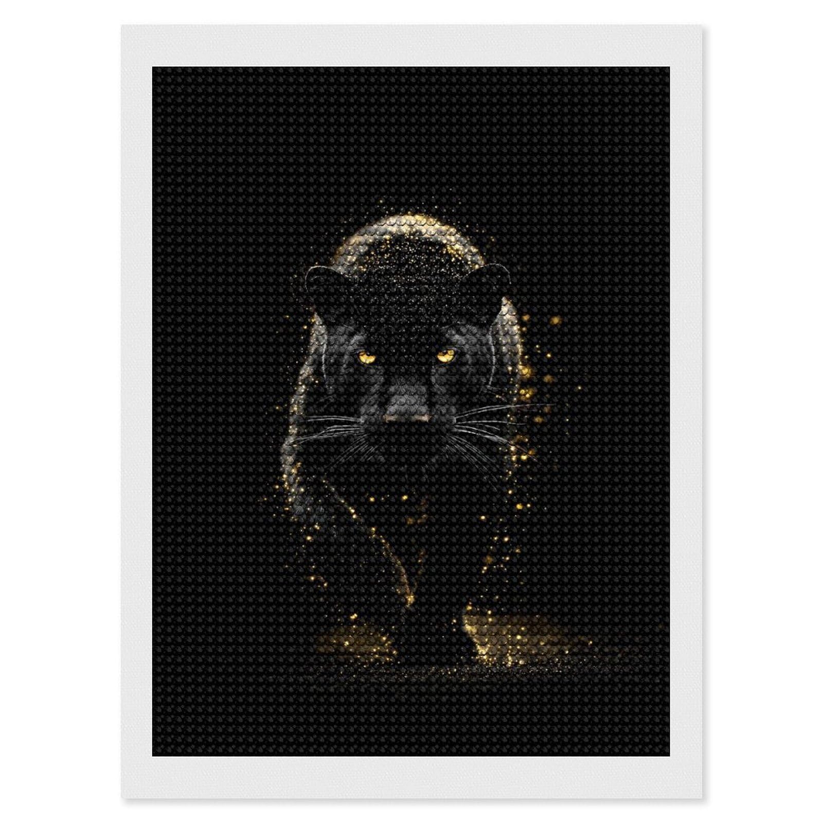 Junmoney Black Panther with Golden Sparkles Diamond Painting Kit 12"x16", Easy Handmade Project, Easy to Enjoy, Aesthetic Room Decor, Christmas Gift